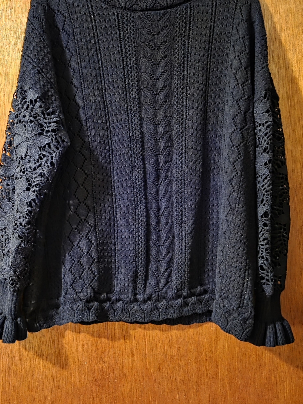 Black Cable Knit Crewneck Sweater with Lace Sleeves